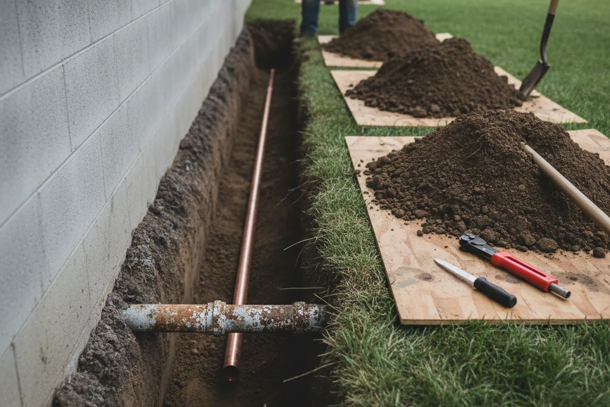 Excavated water line trench during Water Heater Repair in Colton